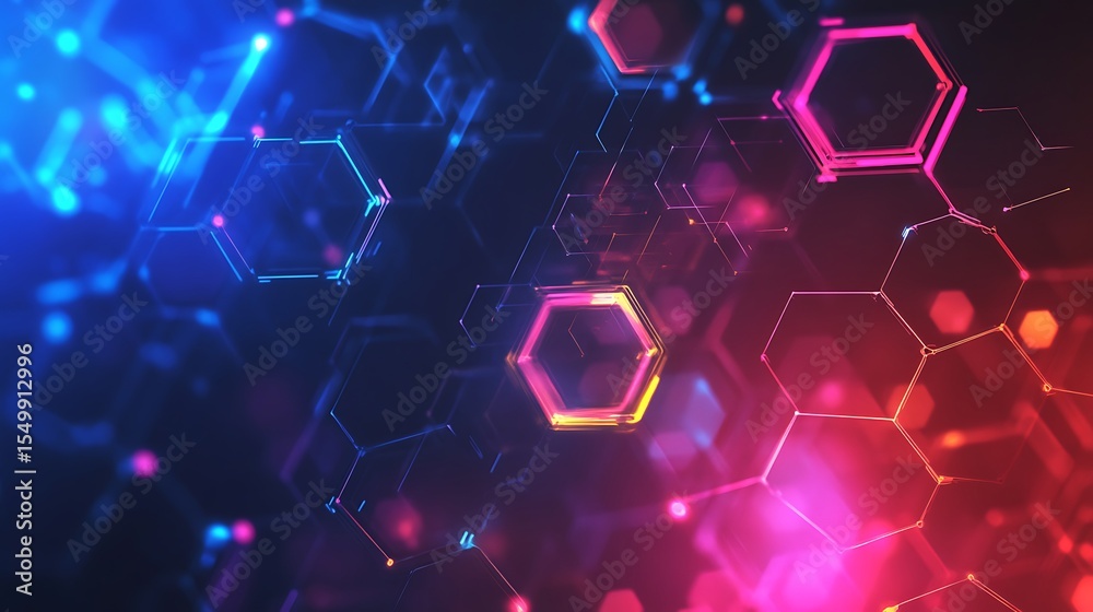 Aufkleber abstract tech background with glowing hexagons, lines, and nodes in red and blue