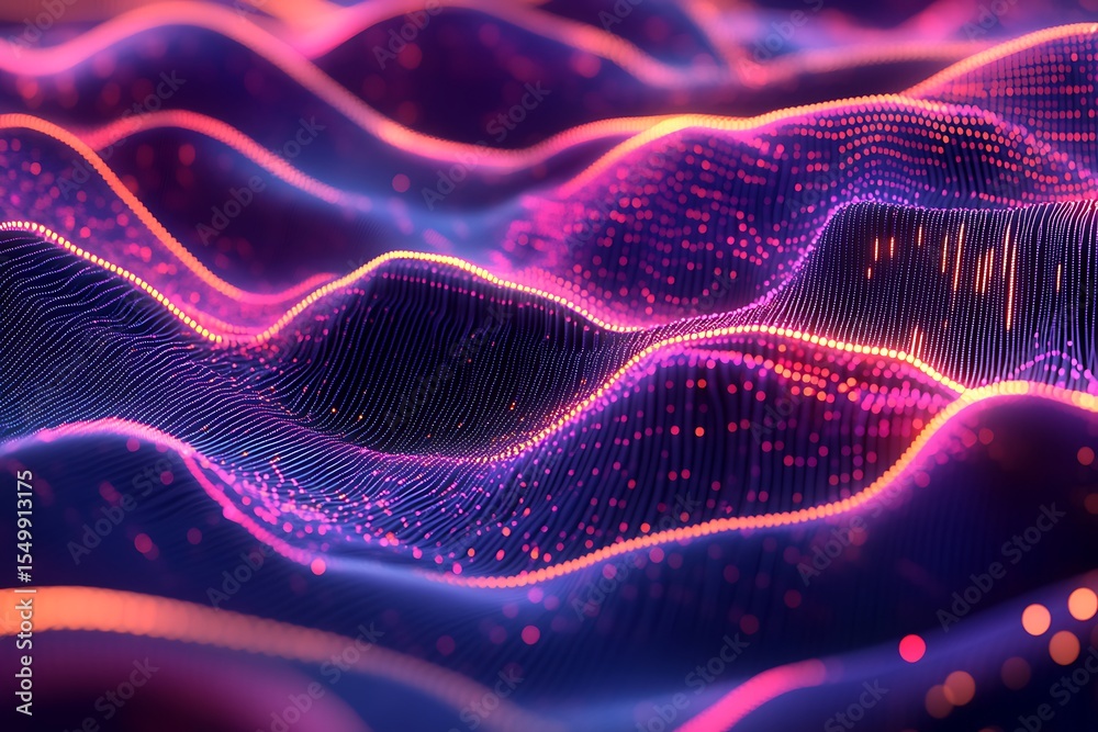 Poster abstract wavy particle mesh background with purple and pink glowing dots