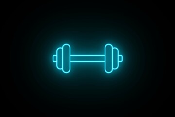 Neon Bright cyan color Dumbbell Icon on Black Background. Neon Glowing Gym Dumbbell icon. Light Heavy Dumbbell Sign.