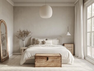 Beige bedroom with wooden chest