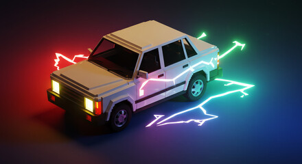 Retro Electric Car Low-Poly 3D Render of a Classic Vehicle with Neon Lighting