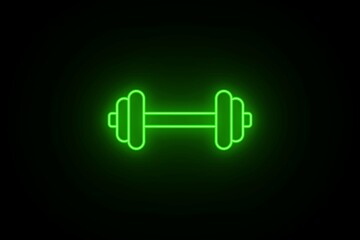 Neon Bright green color Dumbbell Icon on Black Background. Neon Glowing Gym Dumbbell icon. Light Heavy Dumbbell Sign.