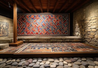 In the interior of an ancient Roman house, one wall is decorated with geometric patterns in red