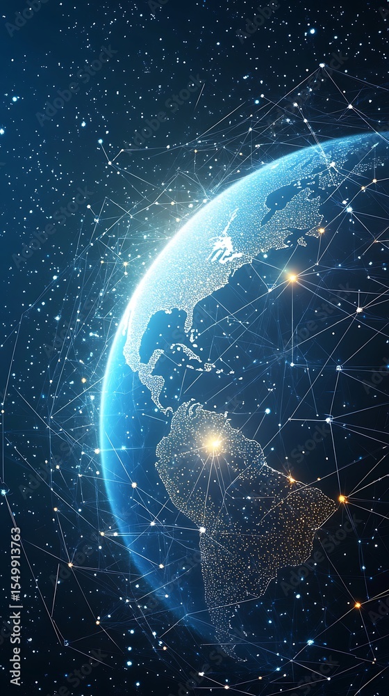 Aufkleber Blue planet Earth showing Americas linked by network nodes in space with stars