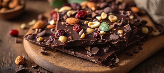 A gourmet chocolate bark with nuts and dried fruits
