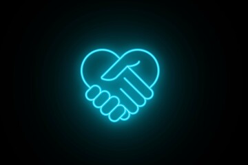 Neon Glowing Cyan Color Business handshake line icon on Black Background. Bright Trust Line sign . Handshake icon. Agreement, unity, or business partnership. Two hands clasped together tightly.