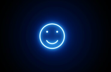 Neon Glowing Happy smiley face or emoticon line art icon on black background.