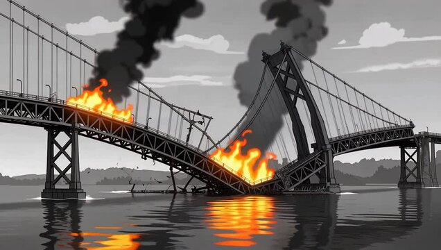 Burning broken bridge with figures falling water reflection stylized animation
