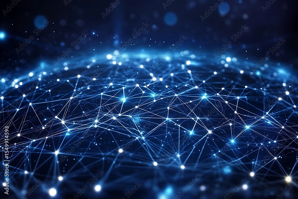 Poster Connected Network Globe with Blue Glowing Nodes and Lines on a Dark Background