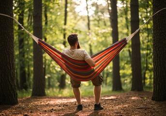 Man in a hammock enjoys a relaxing day in the peaceful forest.