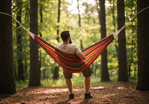 Man in a hammock enjoys a relaxing day in the peaceful forest.