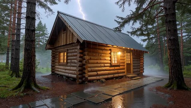 Log cabin under stormy sky Rain falls on the stone path and mist rises