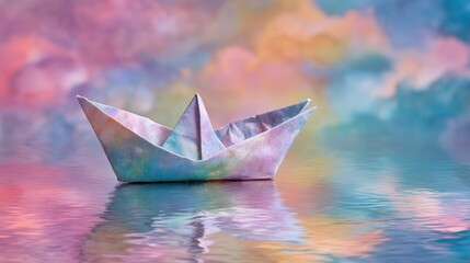 Obraz premium Artisan origami boat on a glossy paper water surface with watercolor ripple effect and a pastel sky backdrop