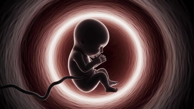 fetus is depicted in vivid red womb, surrounded by dynamic swirling patterns of light, symbolizing the miracle of life and profound connection between mother and child in this captivating image
