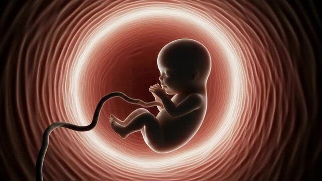 fetus is depicted in vivid red womb, surrounded by dynamic swirling patterns of light, symbolizing the miracle of life and profound connection between mother and child in this captivating image