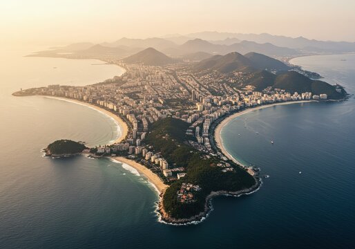 An aerial view showcases a stunning coastal city with beaches and mountains.
