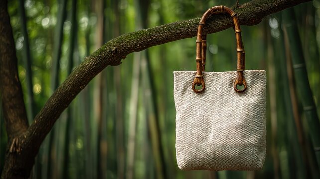 Bamboo fiber tote in cream white with sturdy handles on a softly blurred bamboo forest backdrop