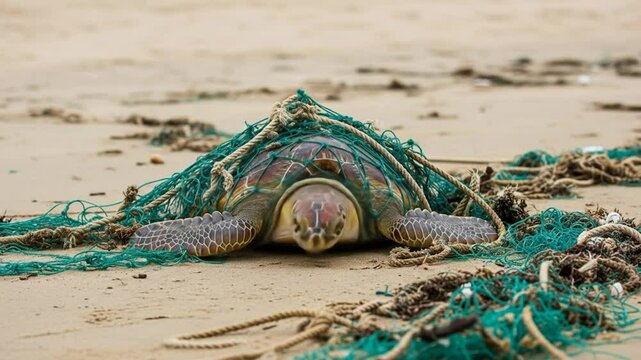 Sea Turtle Trapped in Fishing Net Pollution