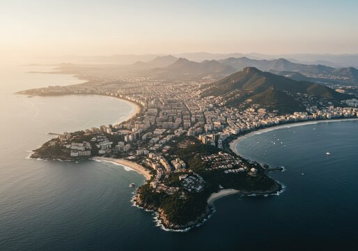 A breathtaking aerial perspective captures Rio de Janeiro's iconic coastline and cityscape in golden sunlight. - Powered by Adobe