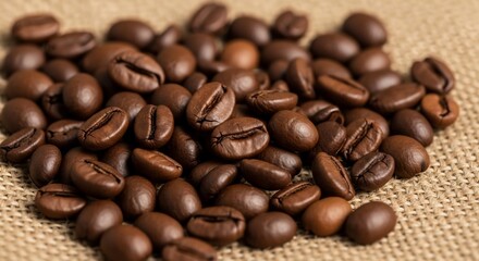 Roasted coffee beans on burlap, close-up view showcasing rich brown hues and textured surface.