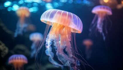 Fototapeta premium soft pastel colors gentle natural light bioluminescent jellyfish glowing in a dark ocean glowing bioluminescent colors soothing atmosphere focus on natural light effects and vibrant glow