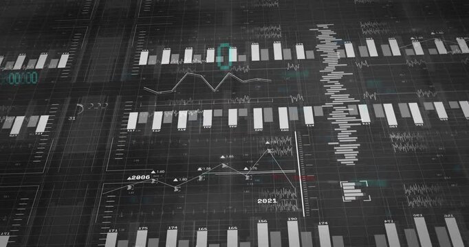 Starting white bars rising on grid, splitting quadrants, overlaying line graphs highlighting trends