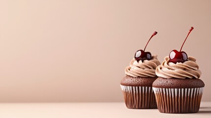 Delicious chocolate cupcakes topped with creamy frosting and cherries, elegantly arranged on a soft beige background, perfect for dessert lovers and culinary enthusiasts