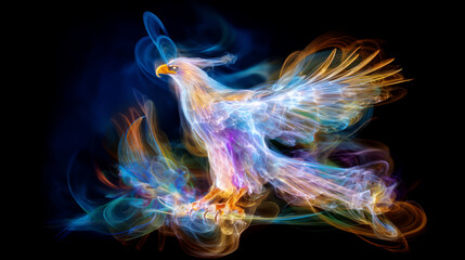 Fototapeta premium Bright fantastic firebird or phoenix on black background