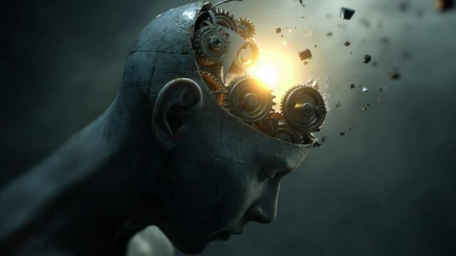 Human head with exploding gears and bright light