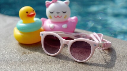 Cute baby sunglasses with soft strap placed next to water toys, essential summer protection for infants