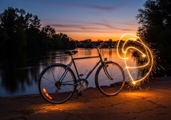 A bicycle with creative light trails at sunset by the river's edge.