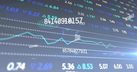 On load floating numeric IDs shifting with arrows, scrolling teal line chart showing market trends