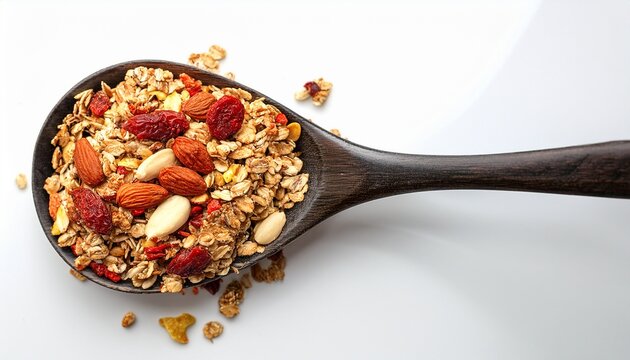 granola in a spoon on a white background organic gourmet muesli oat flakes goji berries and nuts with copy space - Powered by Adobe