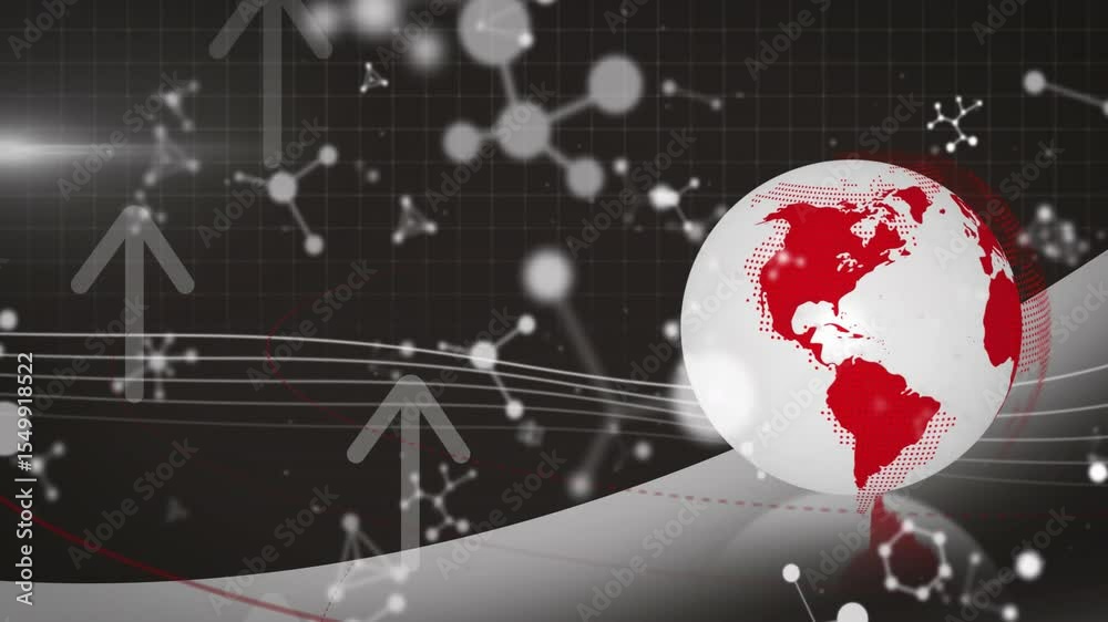 Poster scene starting red-and-white globe on curve rotating left drifting clusters showing data flow