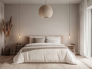 Minimalist bedroom with light beige tones and natural elements