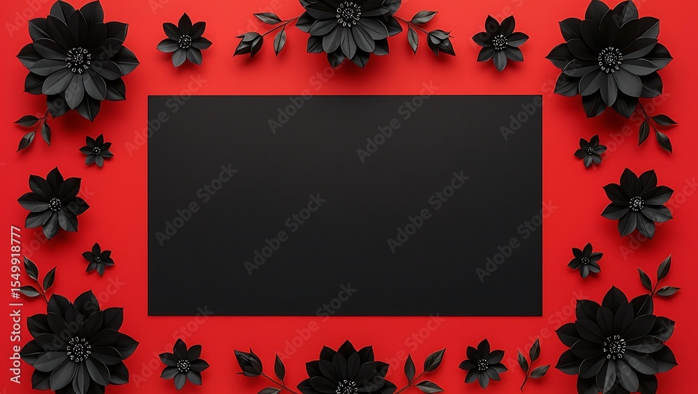 Fototapete elegant black paper flowers adorn a vibrant red background with a central black rectangle for text