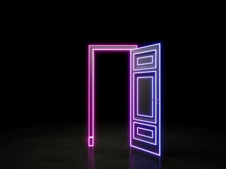 Open door in the dark space. Colorful neon door. 3D rendering