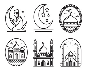 Obraz premium Elegant Line Art Icons – Minimalist Monochrome Islamic Architecture, Scientific Symbols & Ornamental Geometric Designs