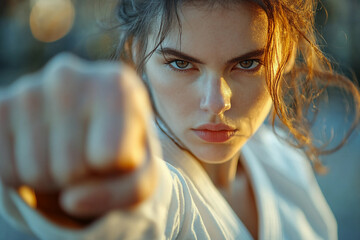 Generative AI image of focused person training for self defense courses through martial arts including boxing and karate