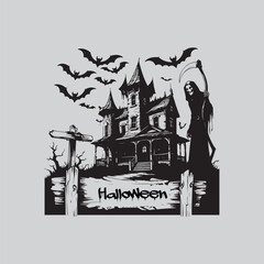 Fototapeta premium Spooky Halloween Mansion with Grim Reaper Silhouette