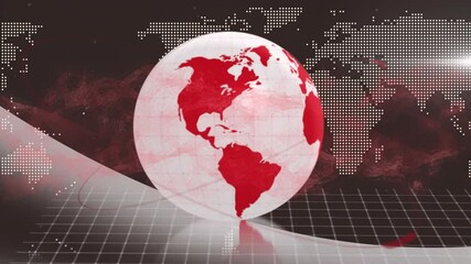 On opening 3D globe rotating with red continents and orbital trail looping in digital visualization - Powered by Adobe