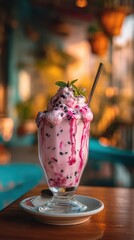 Creamy falooda dessert glass with rose syrup streams and basil seed clusters on a softly blurred Indian cafÃ© terrace under warm lamp light