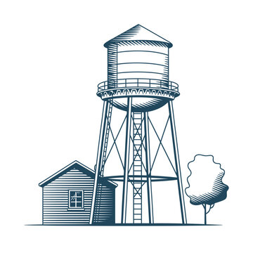 Vintage water tower and small building with a tree in a stylized drawing