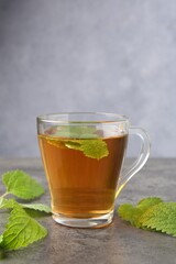 Aromatic lemon balm tea in glass cup and fresh leaves on gray textured table