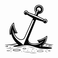 Classic black anchor stuck in sandy seabed with white background