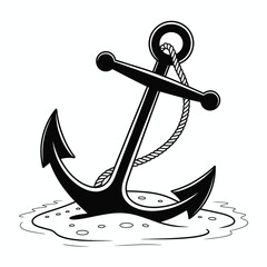 Classic black anchor with rope resting on sandy seabed with wavy water lines