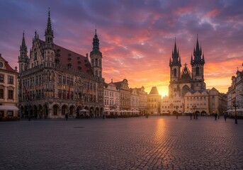 Fototapeta premium Sunrise illuminates Prague's Old Town Square, a breathtaking view of European architecture.