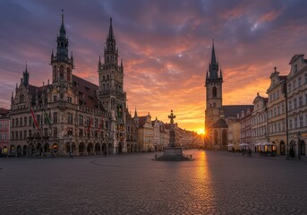 Fototapeta premium The New Town Hall of Munich stands majestic at sunrise in a beautiful cityscape.