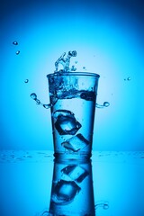 Fresh water with ice cubes in glass on mirror table against blue gradient background. Backlit