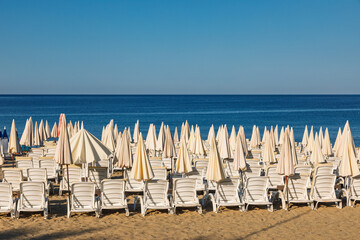 Empty beach with rows of closed sun umbrellas and white loungers facing calm blue sea under clear sky